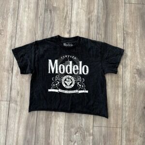 Modelo Especial Beer Graphic Cropped T-Shirt Mens Medium Black Raw Hem Boxy Tee